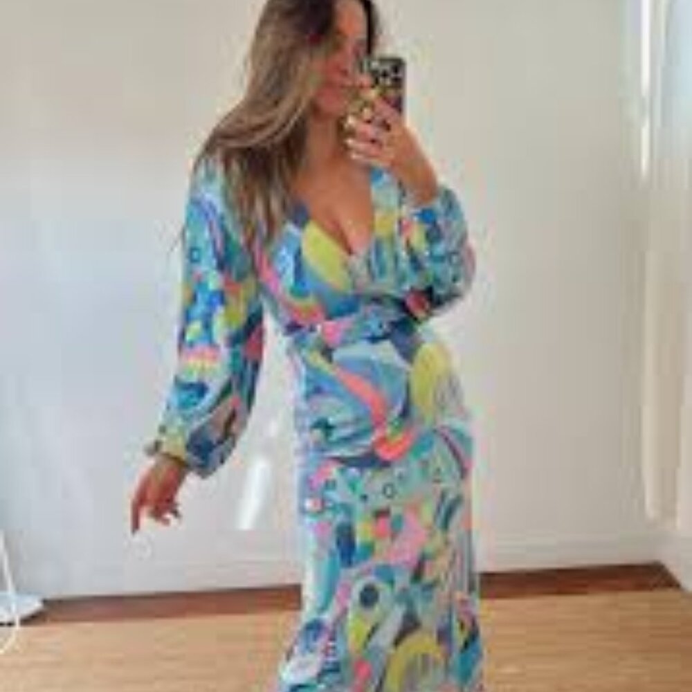 Show me Your Mumu graphic Minelli sequin blue pink belt midi dress size XS